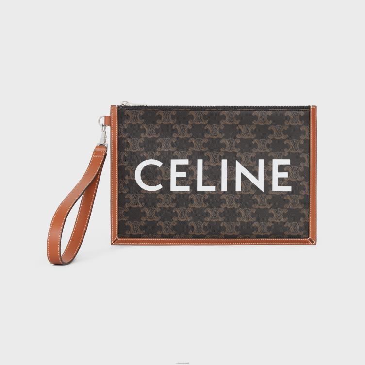 CELINE bruinen klein plat tasje met riem in triomphe canvas met print 4TLH82144