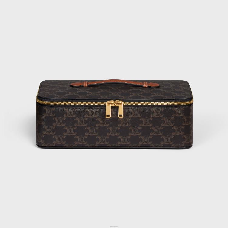 CELINE bruinen Grote toilettas met handvat aan de bovenkant, van triomphe canvas en kalfsleer 4TLH81589