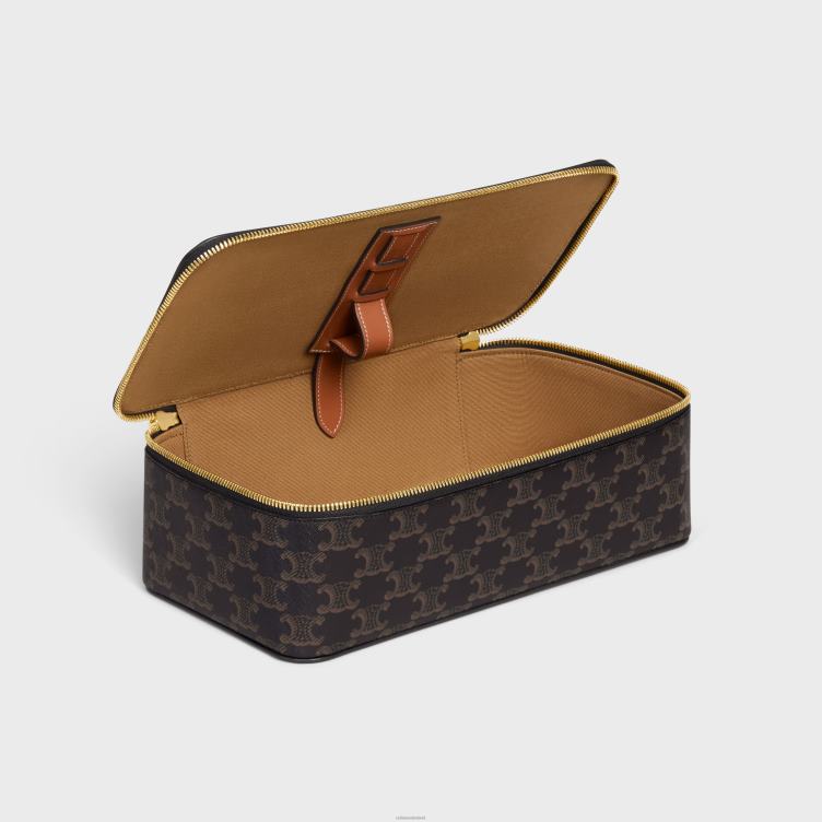 CELINE bruinen Grote toilettas met handvat aan de bovenkant, van triomphe canvas en kalfsleer 4TLH81589