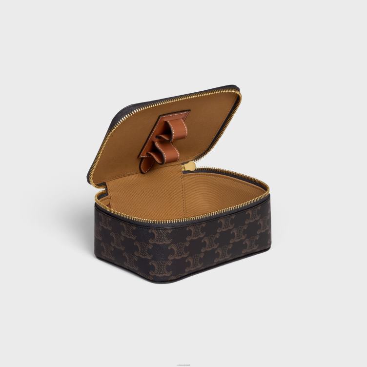 CELINE bruinen Kleine toilettas met handvat aan de bovenkant, van triomphe canvas en kalfsleer 4TLH81590