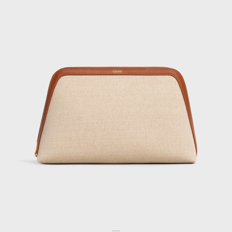 CELINE natuurlijk/bruin groot make-uptasje van textiel en kalfsleer 4TLH81577
