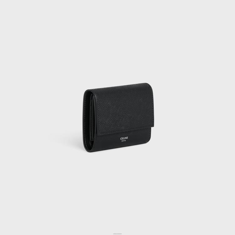 CELINE zwart Een kleine driebladige portemonnee van generfd kalfsleer 4TLH82166