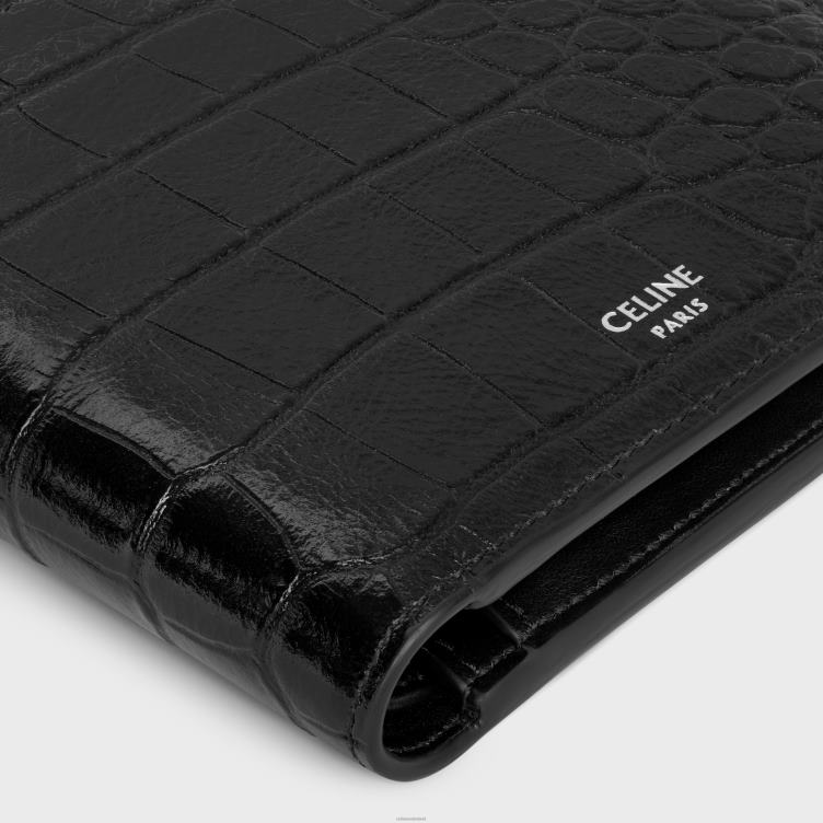 CELINE zwart Opvouwbare portemonnee met muntvakje van kalfsleer met krokodillenreliëf 4TLH82164