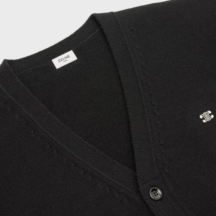 CELINE zwart/gebroken wit triomphe lang vest van kasjmierwol 4TLH81983