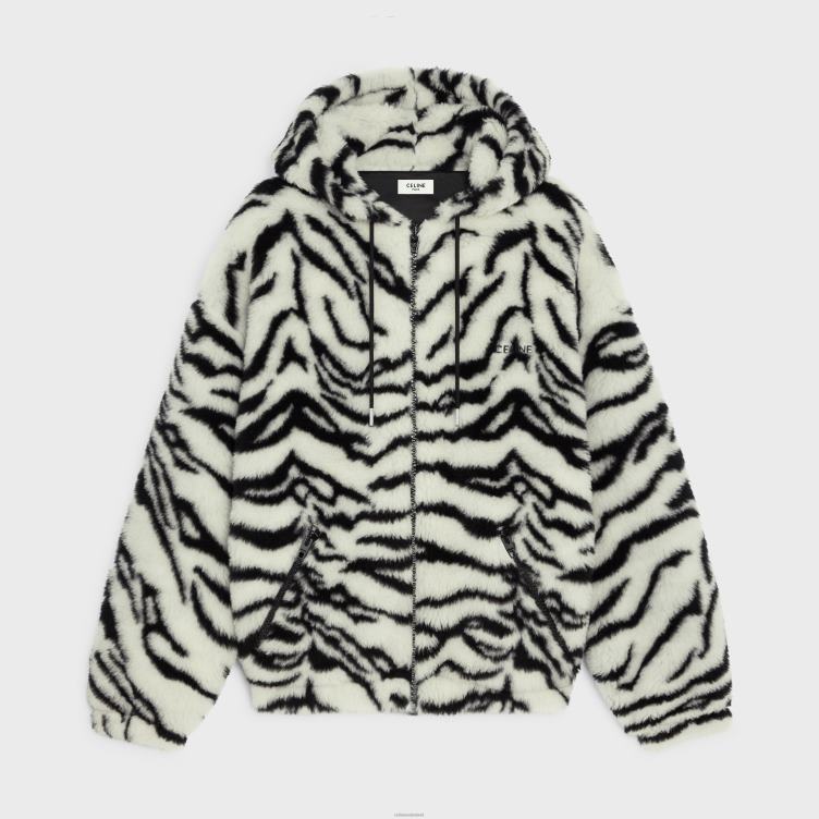 CELINE gebroken wit/zwart jasje van fleece met tijgerprint 4TLH81846