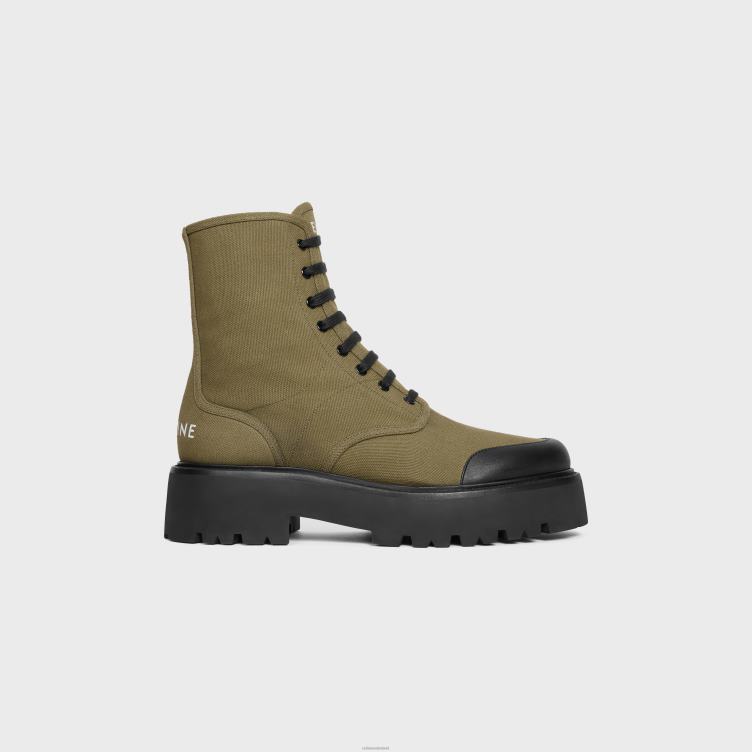 CELINE kaki/zwart dikke veterlaarzen van canvas en glanzend rundleer 4TLH82037