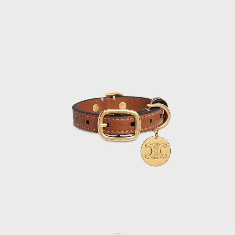 CELINE bruinen Nano extra dunne hondenhalsband van natuurlijk kalfsleer met triomphe-reliëf 4TLH81695
