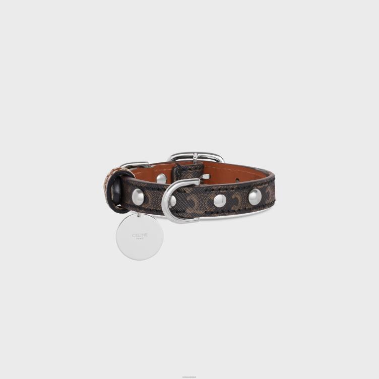 CELINE bruinen Nano extra dunne hondenhalsband van triomphe canvas en kalfsleer met studs 4TLH81737