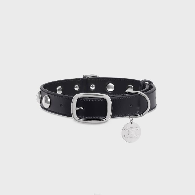 CELINE zwart brede, middelgrote hondenhalsband van glad kalfsleer met studs 4TLH81746