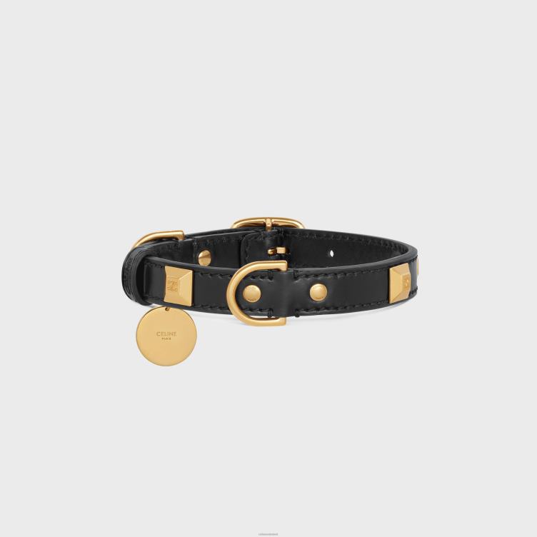 CELINE zwart kleine dunne hondenhalsband van glad kalfsleer met piramidevormige studs 4TLH81733