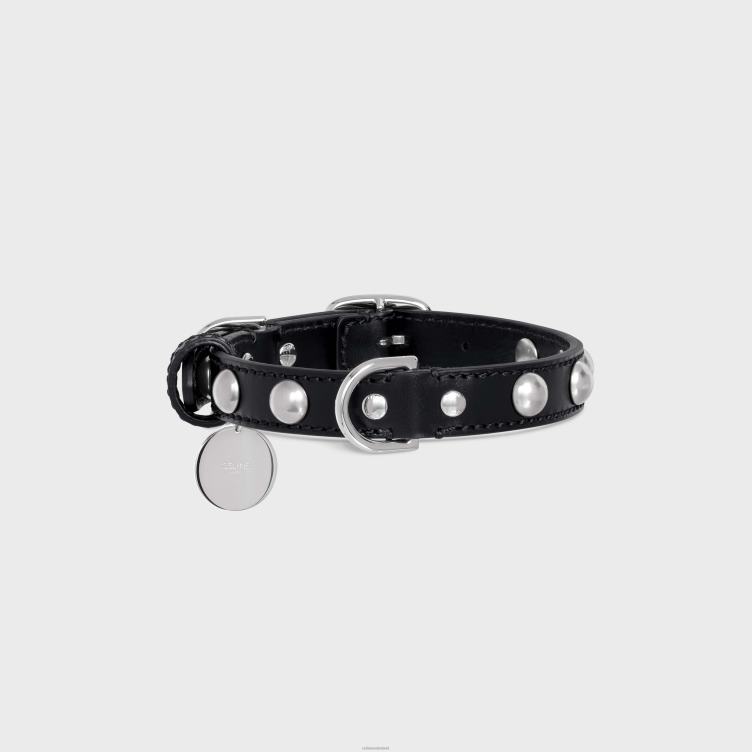CELINE zwart kleine dunne hondenhalsband van glad kalfsleer met studs 4TLH81744