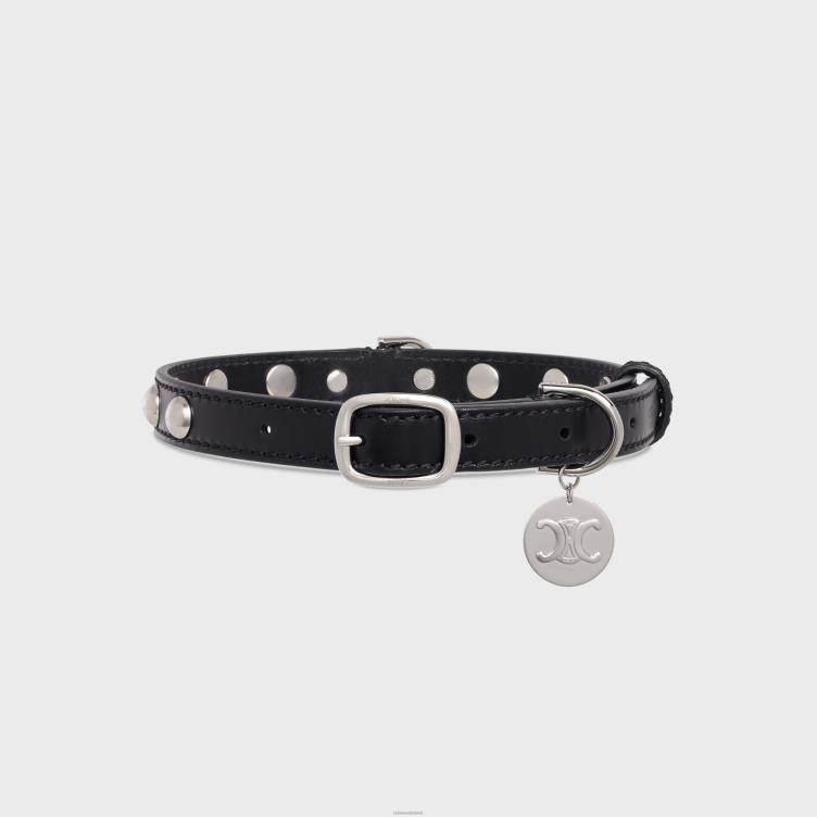 CELINE zwart middeldunne hondenhalsband van glad kalfsleer met studs 4TLH81745
