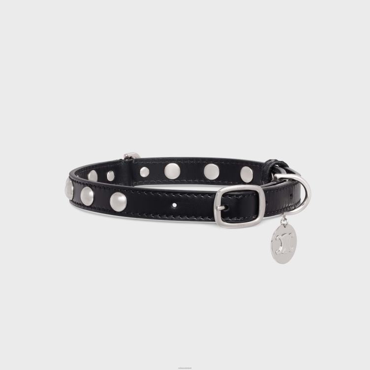 CELINE zwart middeldunne hondenhalsband van glad kalfsleer met studs 4TLH81745