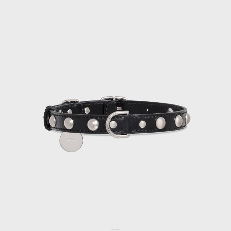 CELINE zwart middeldunne hondenhalsband van glad kalfsleer met studs 4TLH81745