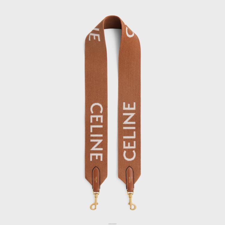 CELINE bruin/wit lange riem van wol met jacquard met gouden afwerking 4TLH8516