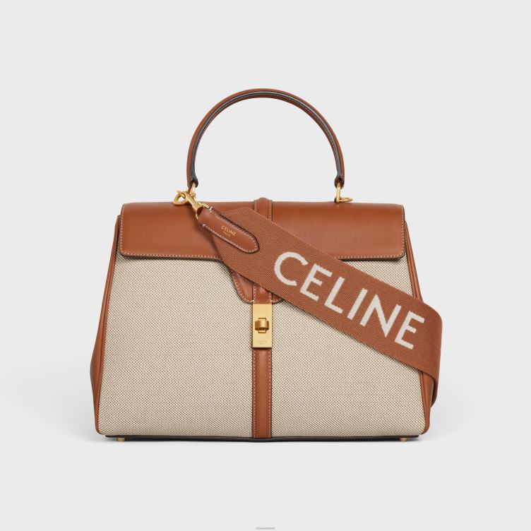 CELINE bruin/wit lange riem van wol met jacquard met gouden afwerking 4TLH8516