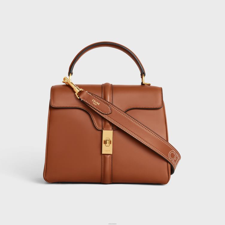 CELINE bruinen Een lange riem van glad kalfsleer met borduursel met gouden afwerking 4TLH8520