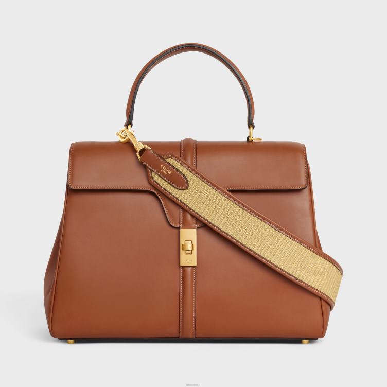 CELINE natuurlijk/bruin bandje van textiel met raffia-effect en kalfsleer met gouden afwerking 4TLH8404