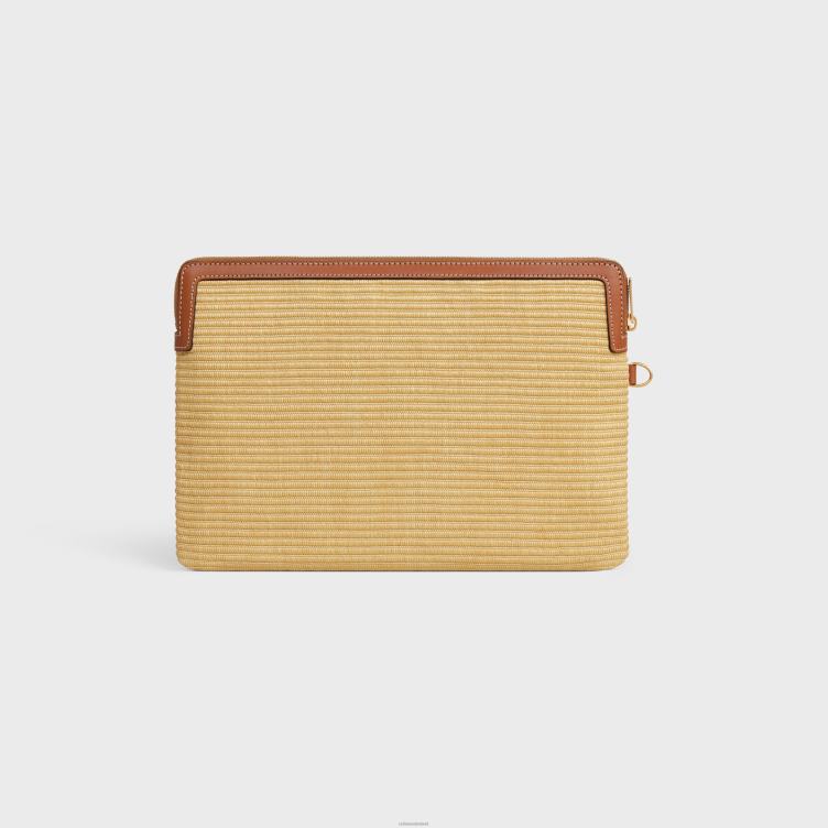 CELINE natuurlijk/bruin klein tasje met handtekening op de riem van textiel en kalfsleer met raffia-effect 4TLH8403