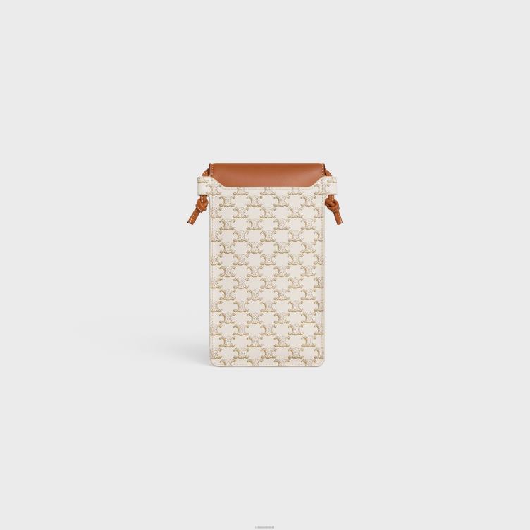 CELINE wit/bruin telefoonhoesje met klep van triomphe canvas en lamsleer 4TLH8512