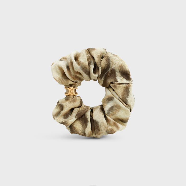 CELINE beige/goud scrunchy luipaard van zijde en messing met gouden afwerking 4TLH81235