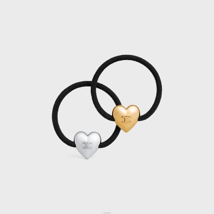 CELINE zwart/goud/zilver coeur triomphe set elastische banden in messing met goud- en rhodiumafwerking, nylon en rubber 4TLH81055