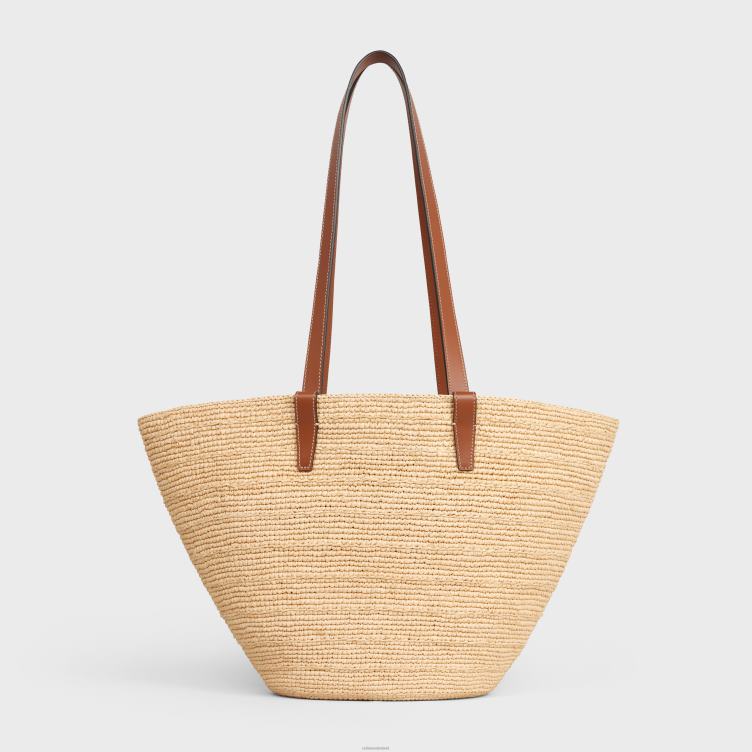 CELINE bruinen medium soepele klassieke panier van raffia en kalfsleer 4TLH824