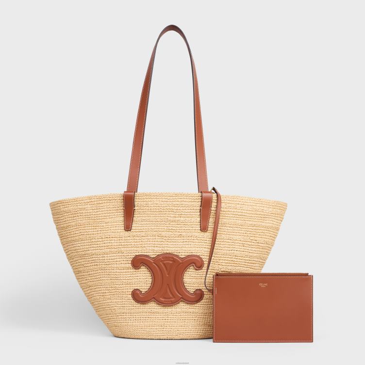 CELINE bruinen medium soepele klassieke panier van raffia en kalfsleer 4TLH824