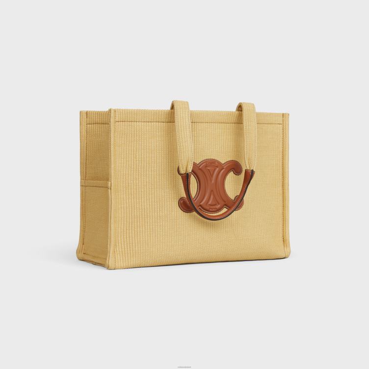 CELINE natuurlijk/bruin grote cabas thais van textiel met raffia-effect en kalfsleer 4TLH829