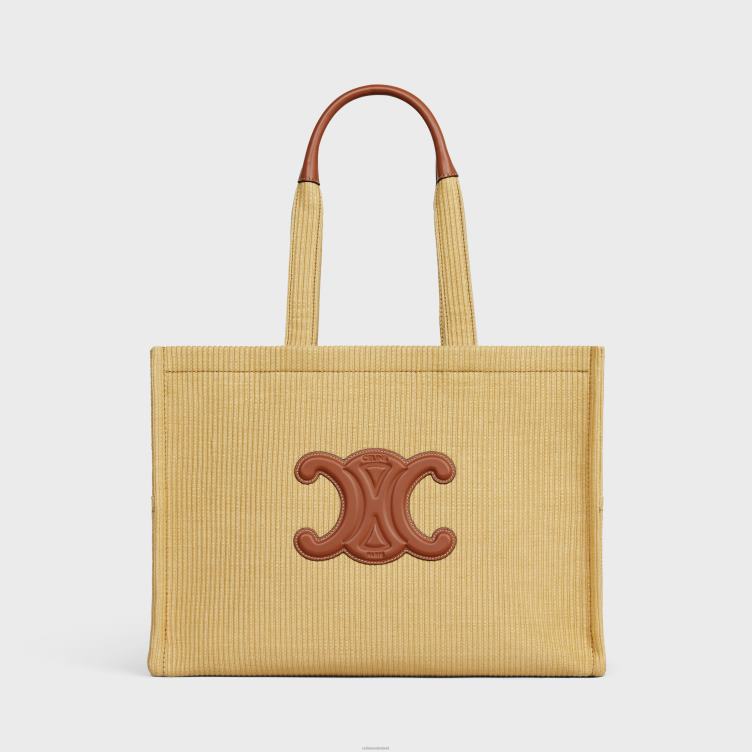 CELINE natuurlijk/bruin grote cabas thais van textiel met raffia-effect en kalfsleer 4TLH829