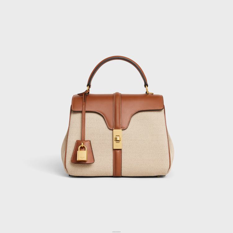 CELINE natuurlijk/bruin kleine 16-tas van textiel en natuurlijk kalfsleer 4TLH8128