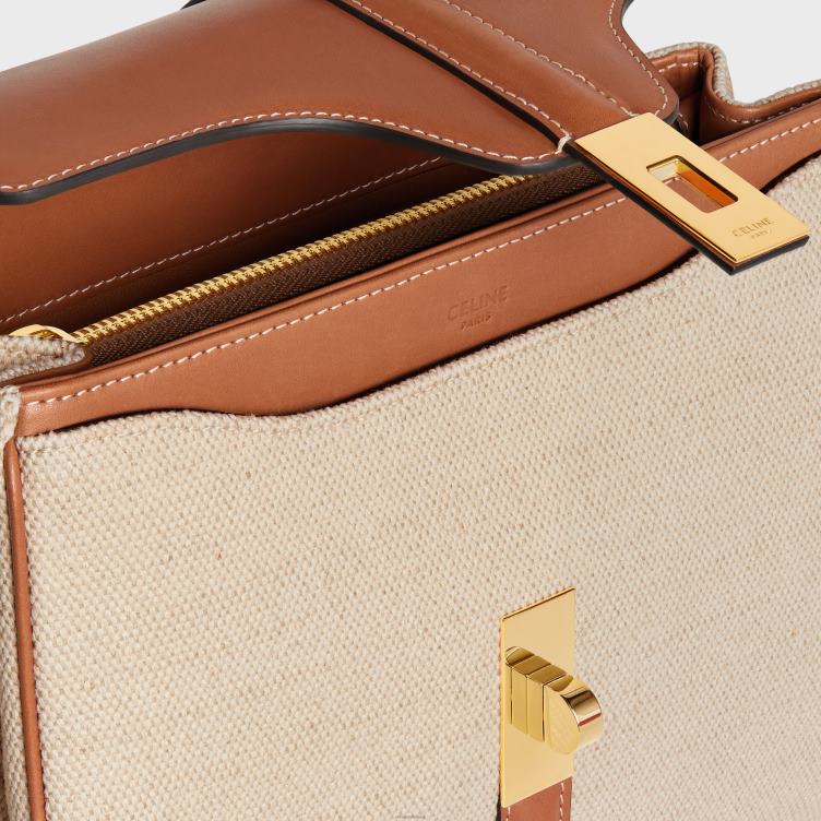 CELINE natuurlijk/bruin kleine 16-tas van textiel en natuurlijk kalfsleer 4TLH8128