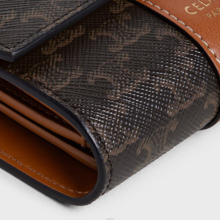 CELINE bruinen kleine driebladige portemonnee van triomphe canvas en lamsleer 4TLH8483