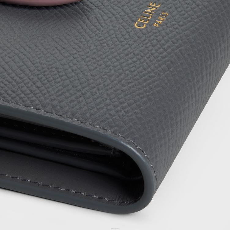 CELINE grijs/vintage roze Portemonneetje met klein bandje van tweekleurig generfd kalfsleer 4TLH8478