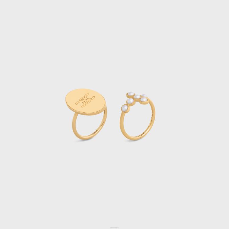 CELINE goud/ivoor triomphe folk set van 2 ringen in messing met gouden afwerking en harsparels 4TLH81377