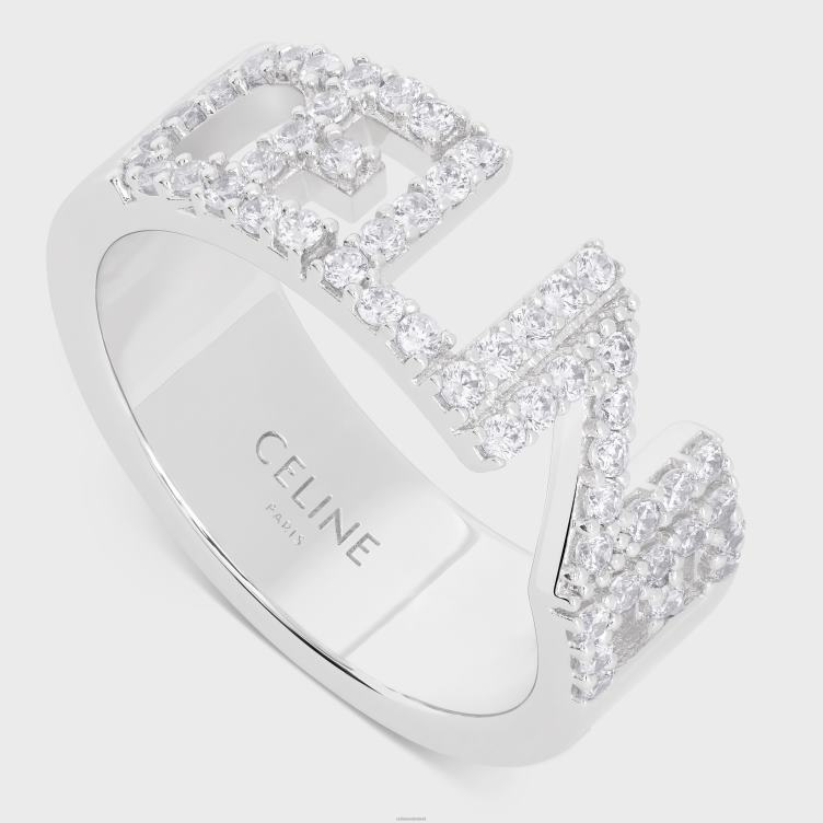 CELINE zilver monochrome strassring van messing met rhodiumafwerking en kristallen 4TLH81254