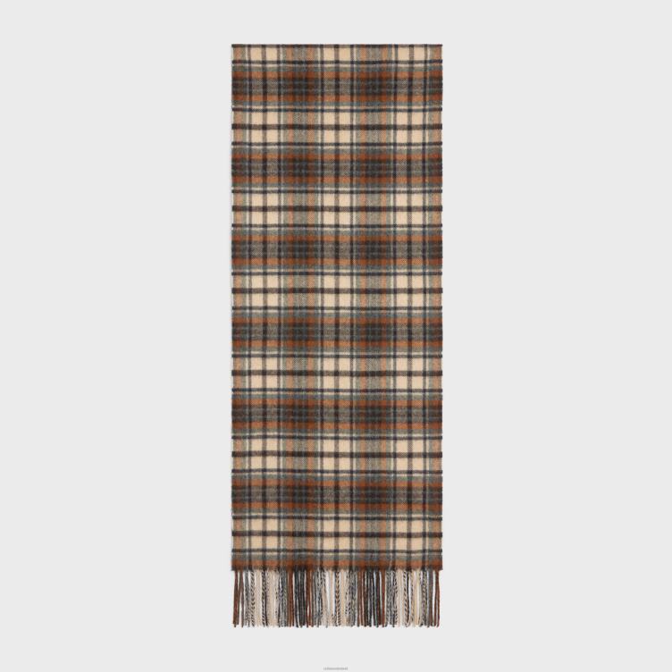 CELINE donkerbruin/oranje sjaal van geruit kasjmier 4TLH82262