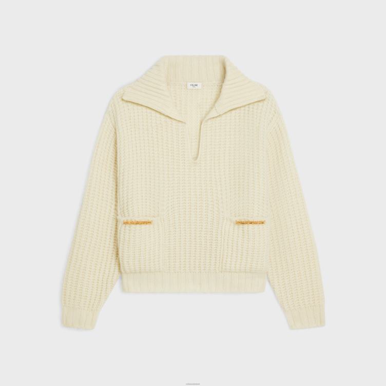 CELINE gebroken wit vareuse in geribbelde wol en kasjmier 4TLH8751