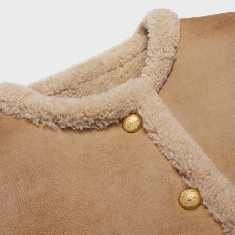 CELINE cognac/crème Een vestjasje van lamsleer van gekruld shearling 4TLH8704