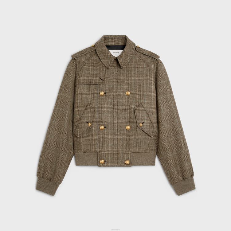 CELINE kameel/ebene/gris bomberjack van flanel van Prince of Wales 4TLH8693