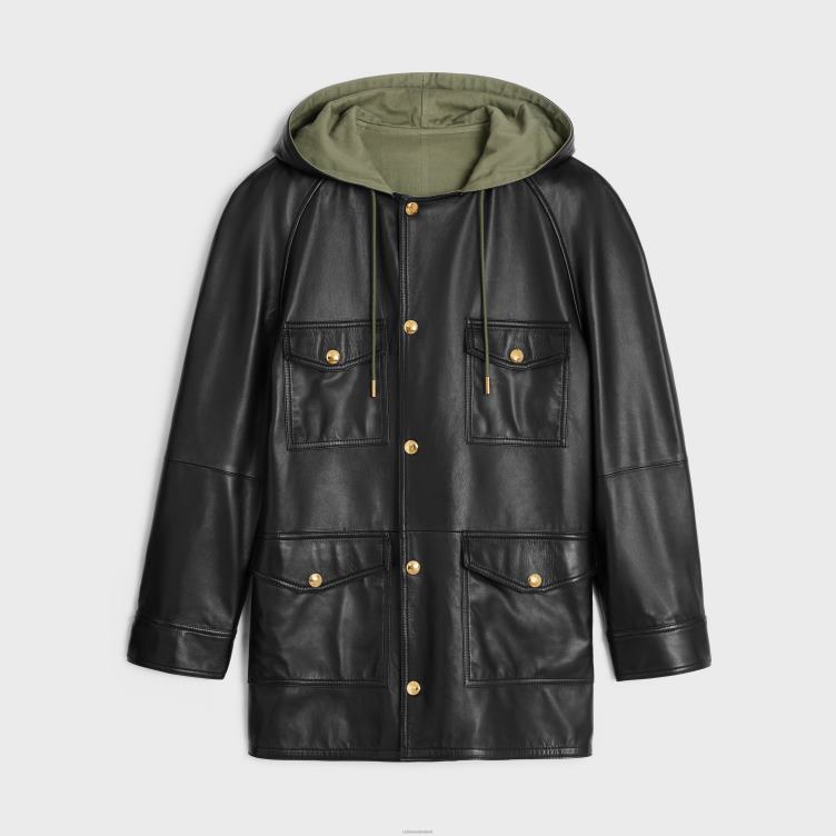 CELINE zwart/kaki Oversized parka van geplooid lamsleer 4TLH8623