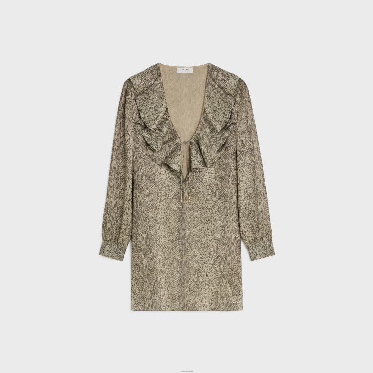 CELINE beige/marron Jabot mini-jurk in crêpe lamé 4TLH8653