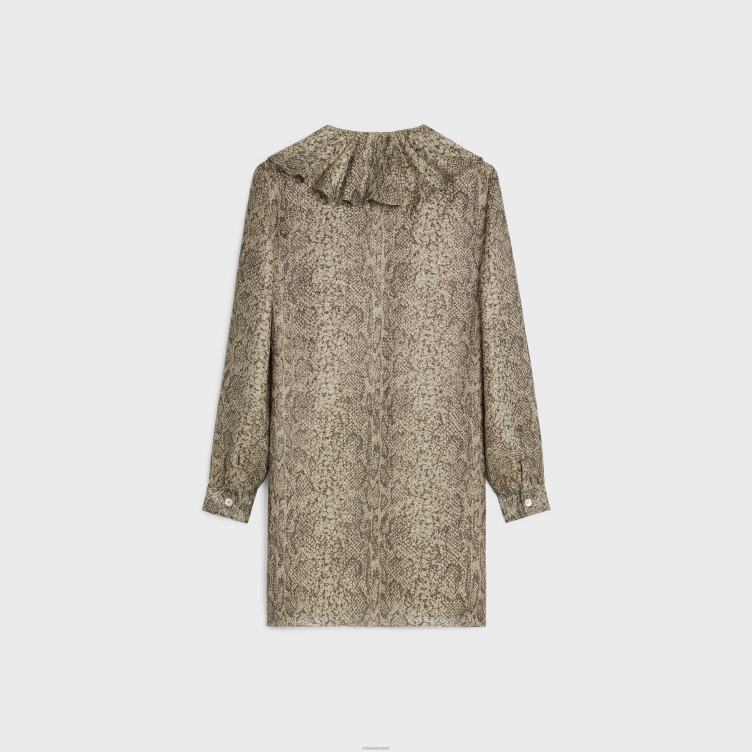 CELINE beige/marron Jabot mini-jurk in crêpe lamé 4TLH8653