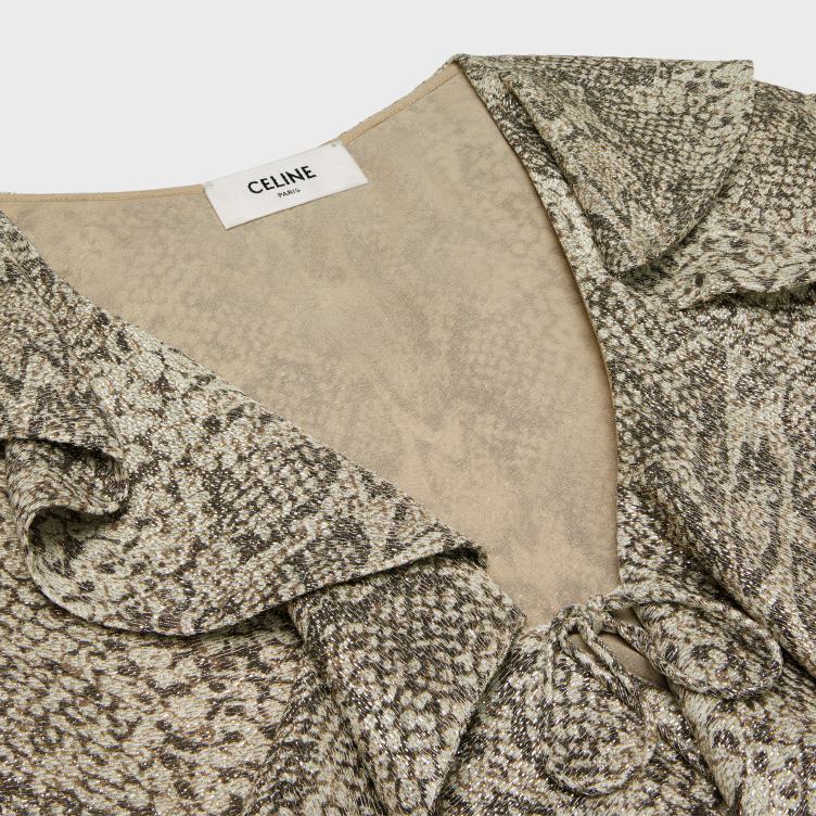 CELINE beige/marron Jabot mini-jurk in crêpe lamé 4TLH8653