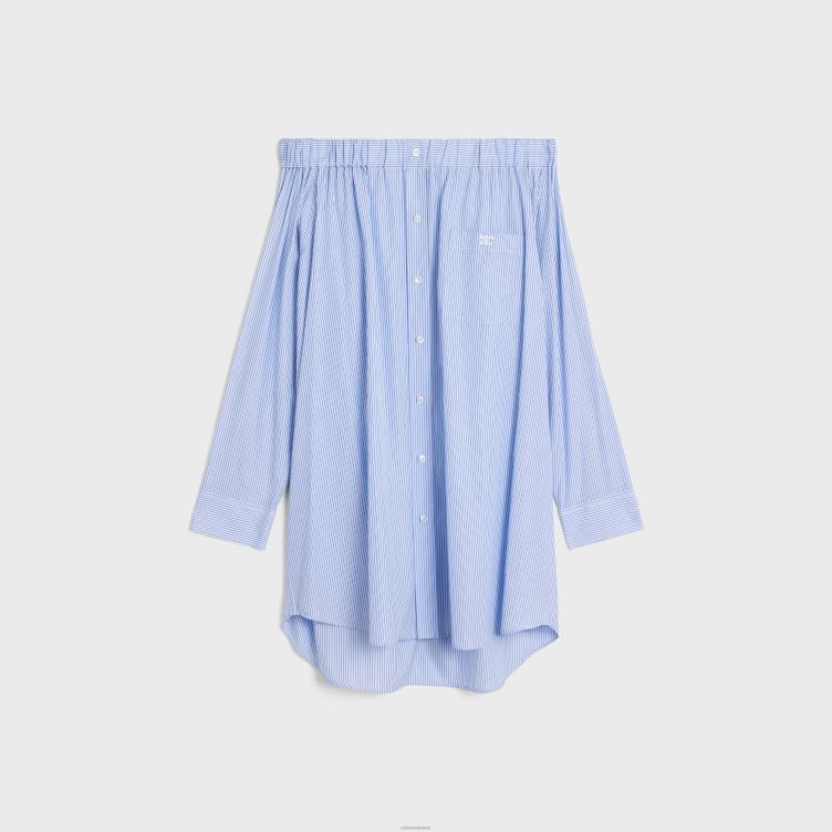 CELINE craie/blauw off-shoulder overhemdjurk van gestreept katoen 4TLH8799