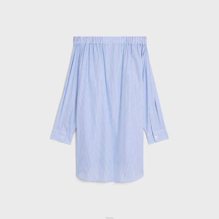 CELINE craie/blauw off-shoulder overhemdjurk van gestreept katoen 4TLH8799