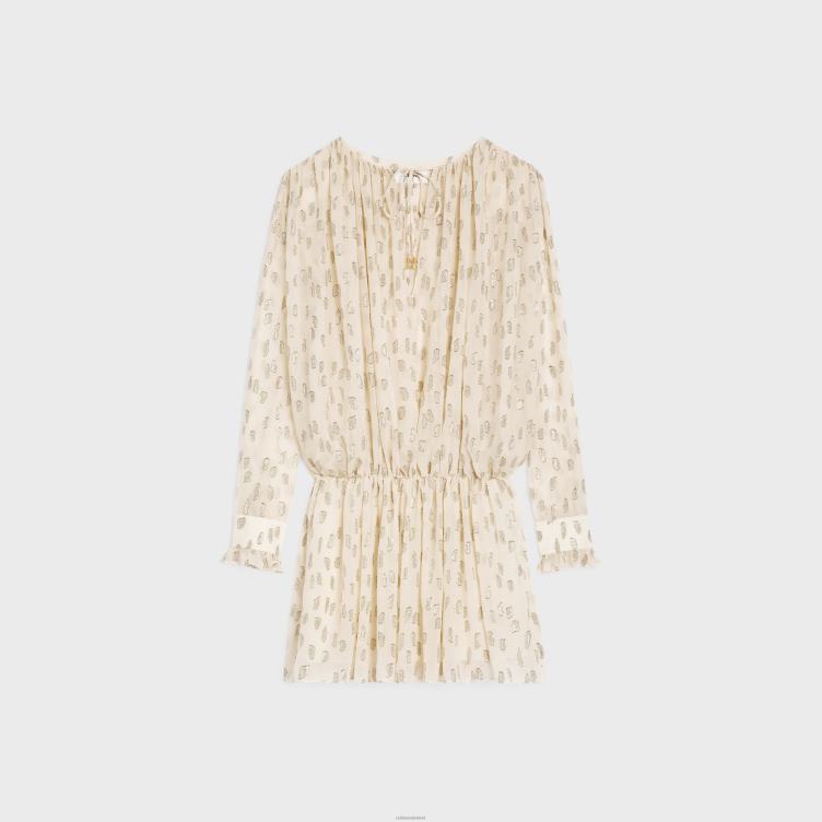 CELINE vanille Geplooide mini-jurk van fil coupe zijde lame 4TLH8796