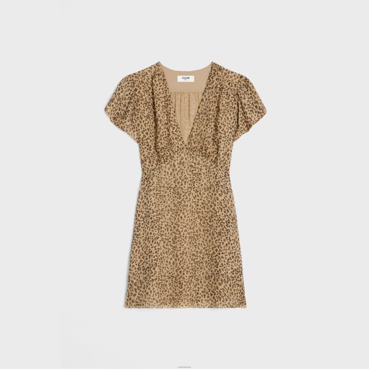 CELINE vanille/marron babydoll mini-jurkje van zijden mousseline 4TLH8655