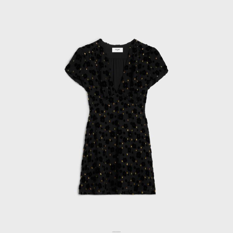 CELINE zwart babydoll mini-jurkje in fil coupe fluweel 4TLH8654