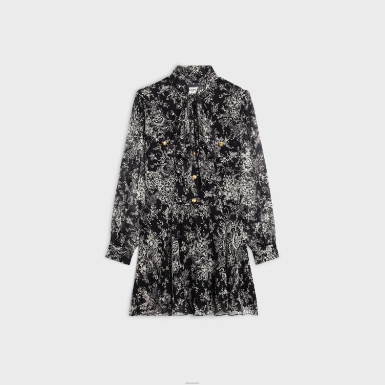 CELINE zwart/craie Lavalliere mini-jurk van zijde Georgette 4TLH8789